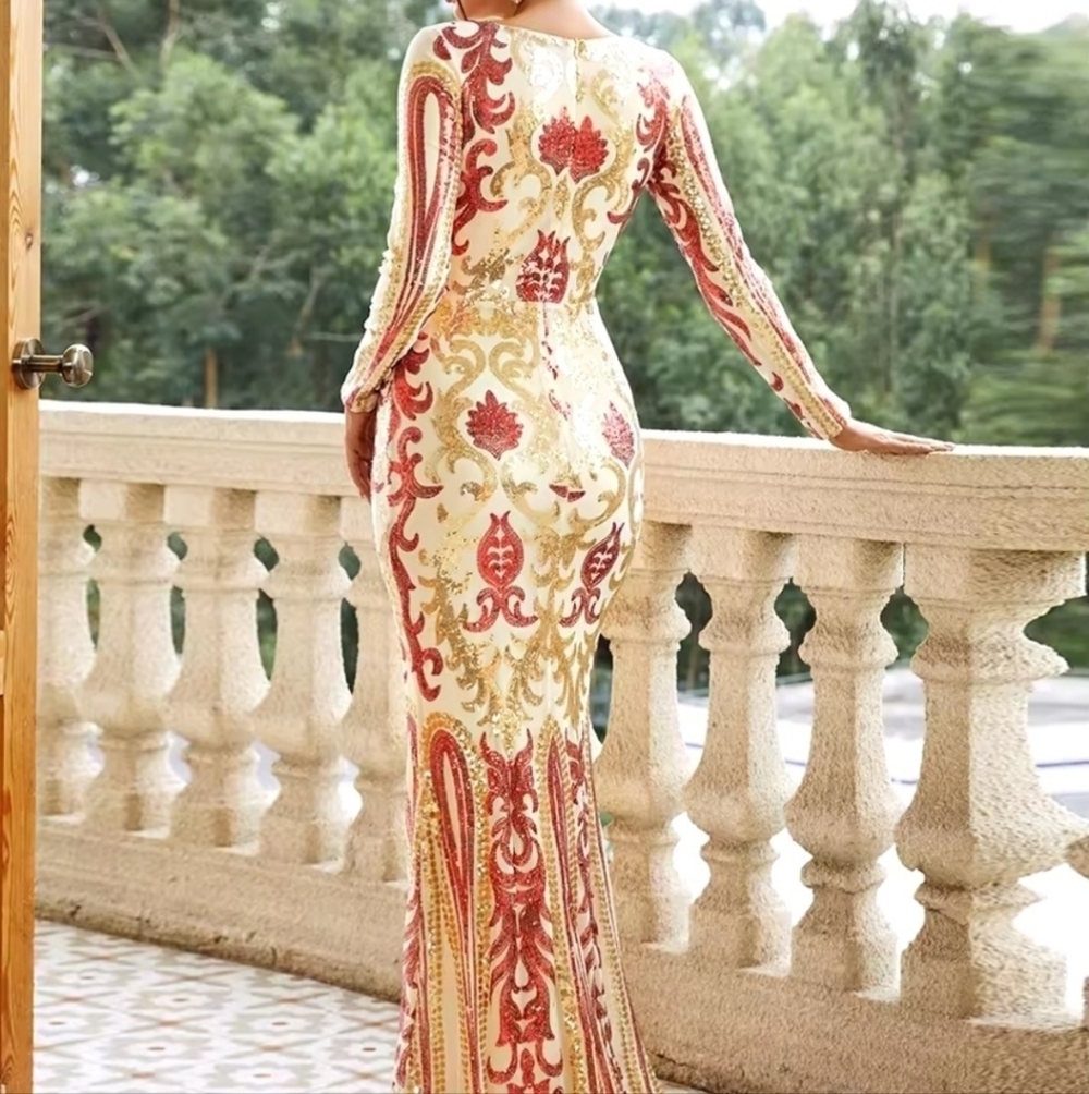 Red, Baroque Print, Square Neck, Long Sleeved, Sequined Mermaid Gown - Picture 3 of 10